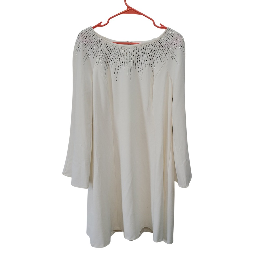 Calvin Klein Womens‎ 14 Shift Dress White Rhinestone Embellished Long Sleeve